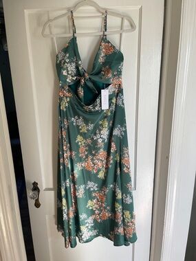 Green Floral Tie-Front Midi Dress